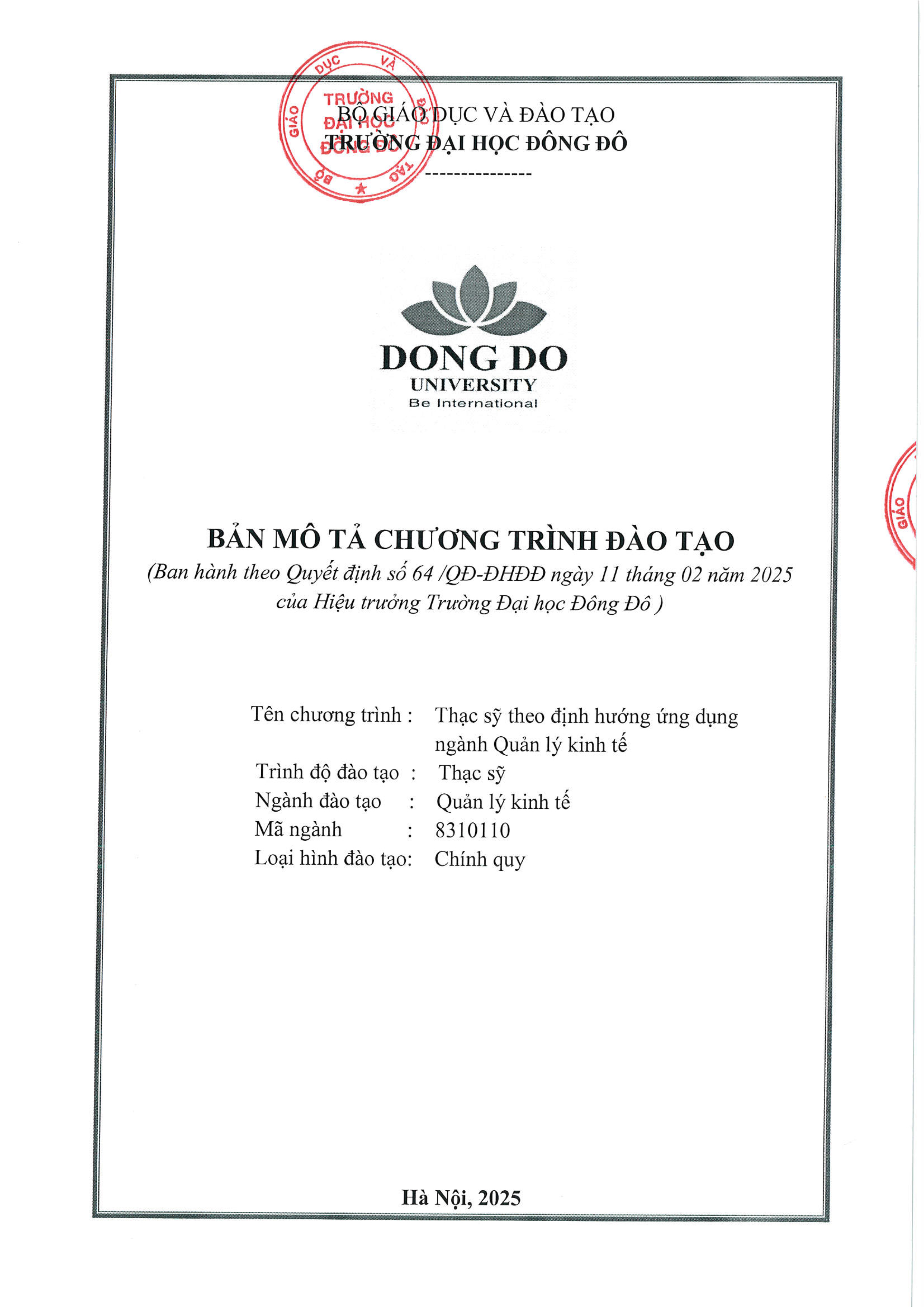chương trình đào tạo Thạc sĩ theo định hướng ứng dụng ngành Quản lý kinh tế 